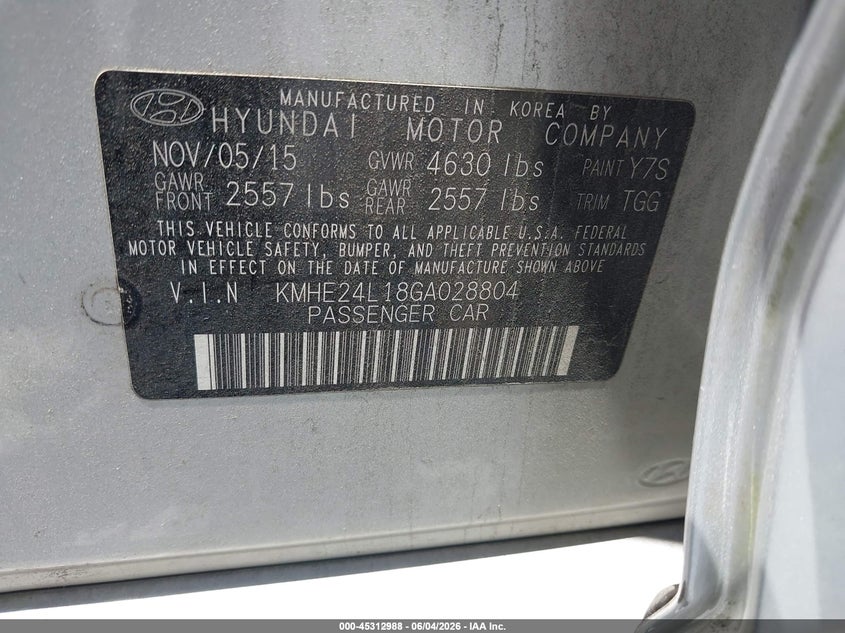 2016 Hyundai Sonata hybrid VIN KMHE24L18GA028804 IAAI salvage auction — NORMAL WEAR, SF97 (Virginia), sold $7,050 on 2026-07-22 (photo 9)