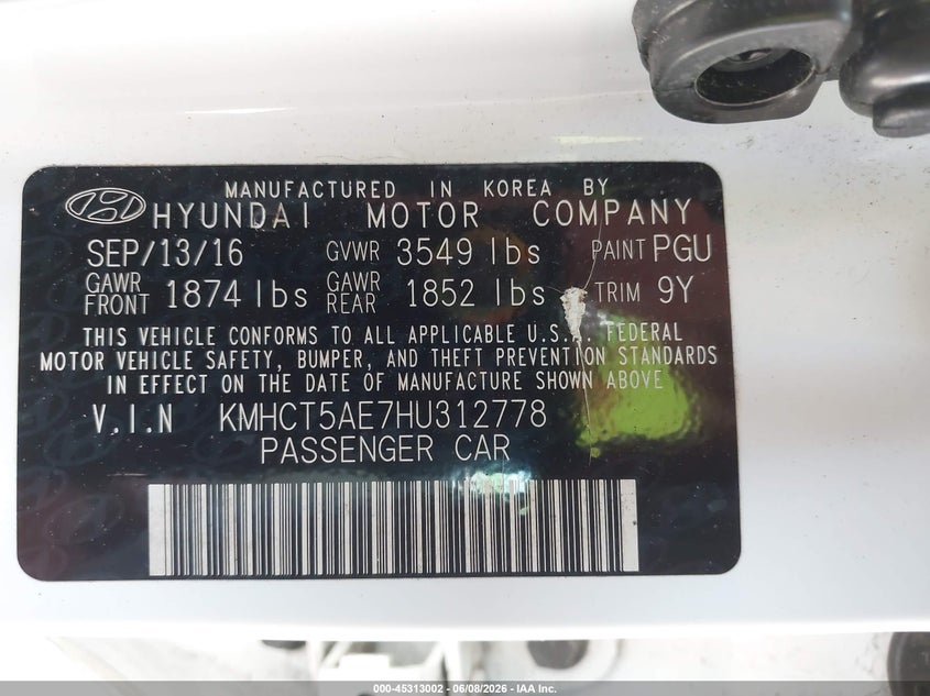 2017 Hyundai Accent VIN KMHCT5AE7HU312778 IAAI salvage auction — REAR END, Salvage Title, sold $1,600 on 2026-07-13 (photo 9)