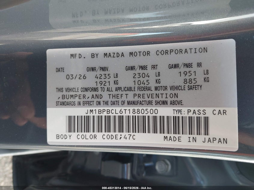 2026 Mazda 3 VIN JM1BPBCL6T1880500 IAAI salvage auction — FRONT END, Salvage Title, sold $1,850 on 2026-07-23 (photo 9)