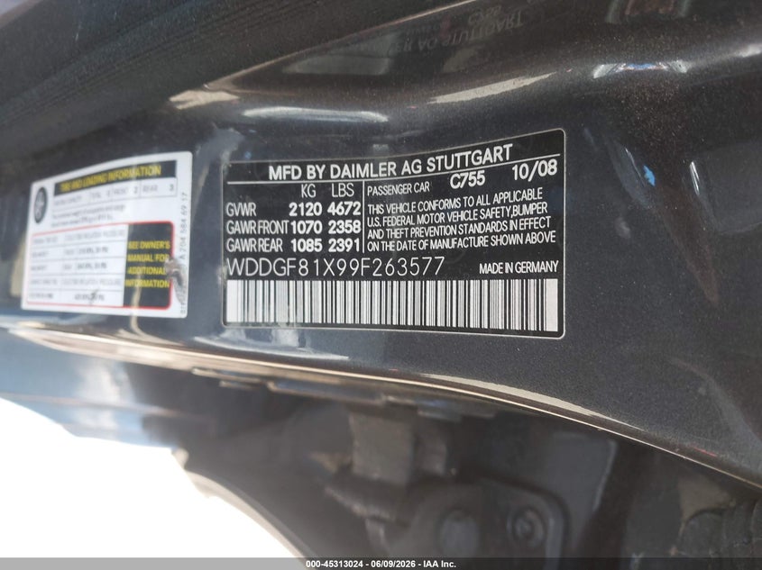 2009 Mercedes-benz C class VIN WDDGF81X99F263577 IAAI salvage auction — FRONT END, Mv-907A (New York), sold $450 on 2026-07-14 (photo 9)