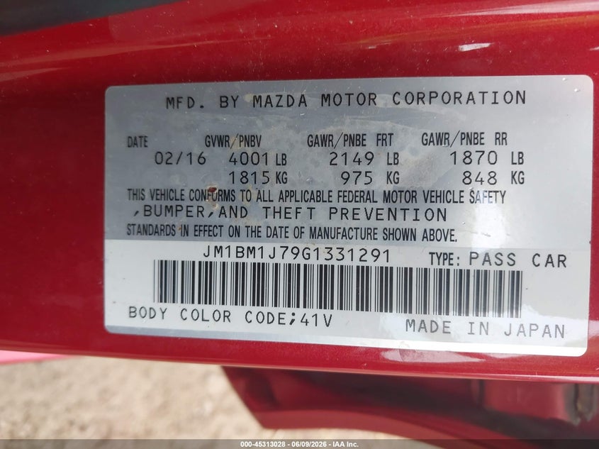 2016 Mazda 3 VIN JM1BM1J79G1331291 IAAI salvage auction — REAR END, Salvage Title, sold $1,400 on 2026-07-09 (photo 9)