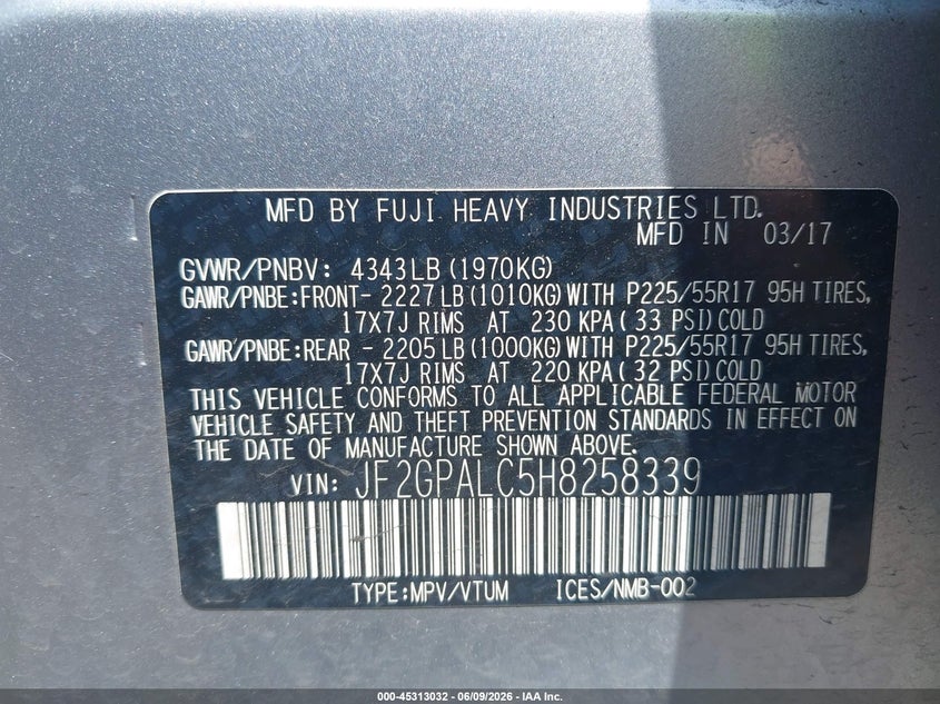 2017 Subaru Xv VIN JF2GPALC5H8258339 IAAI salvage auction — RIGHT SIDE, Salvage Title, sold $4,475 on 2026-07-29 (photo 9)