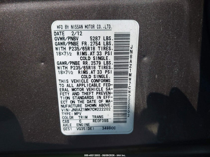 2012 Nissan Murano VIN JN8AZ1MW7CW222202 IAAI salvage auction — RIGHT SIDE, Salvage Title, sold $425 on 2026-07-14 (photo 9)