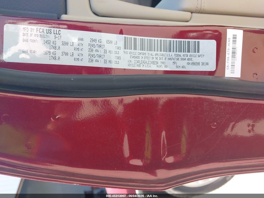 2018 Jeep Grand cherokee VIN 1C4RJEAG4JC149234 IAAI salvage auction — NORMAL WEAR, Sf97 (Maryland), sold $4,050 on 2026-07-21 (photo 9)