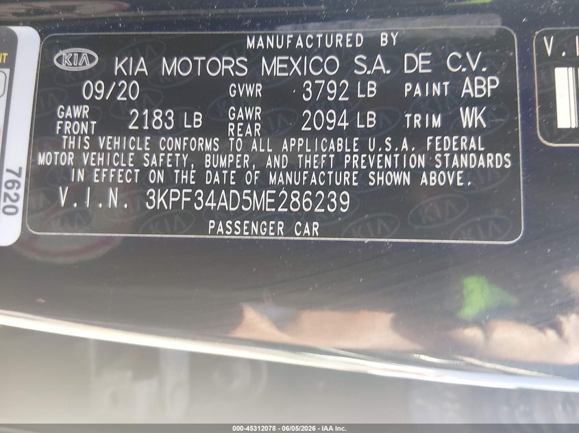 2021 Kia Forte VIN 3KPF34AD5ME286239 IAAI salvage auction — FRONT END, Salvage Title, sold $2,900 on 2026-08-23 (photo 9)