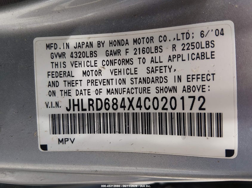 2004 Honda Cr-v VIN JHLRD684X4C020172 IAAI salvage auction — SIDE, Original (Texas), sold $600 on 2026-07-16 (photo 9)