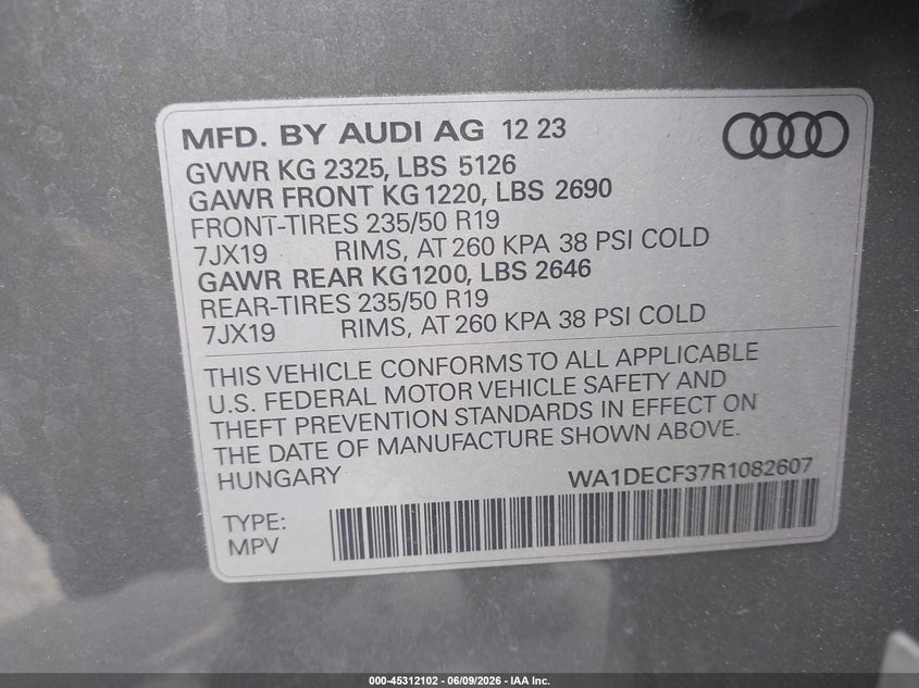 2024 Audi Q3 VIN WA1DECF37R1082607 IAAI salvage auction — FRONT END, Salvage Title, sold $11,950 on 2026-07-09 (photo 9)