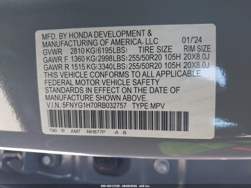 2024 Honda Pilot VIN 5FNYG1H70RB032757 IAAI salvage auction — SIDE, Mv-907A (New York), sold $18,100 on 2026-07-28 (photo 9)