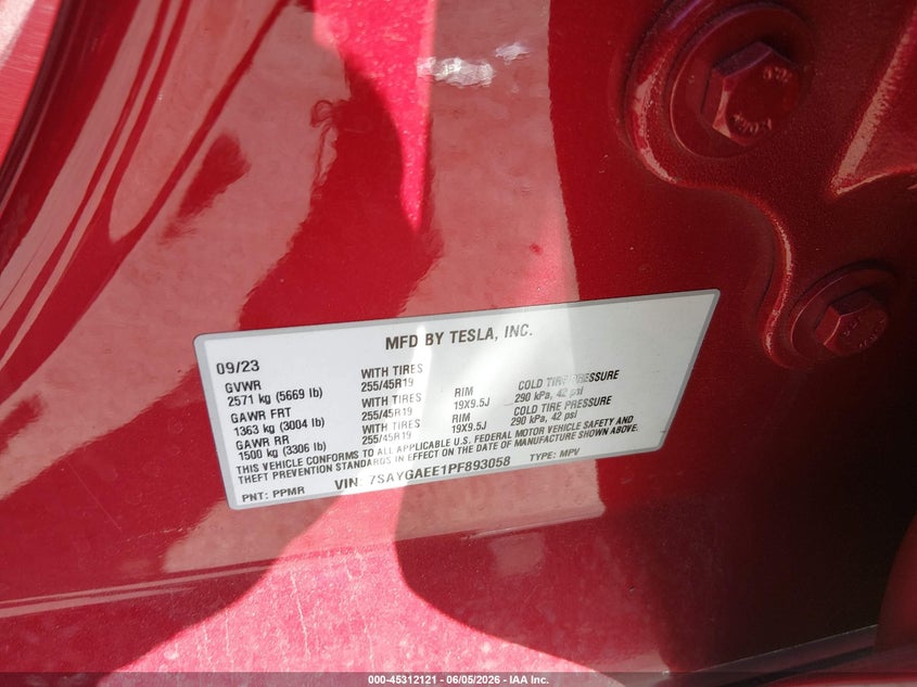 2023 Tesla Model y VIN 7SAYGAEE1PF893058 IAAI salvage auction — FRONT END, Salvage Title, sold $10,600 on 2026-07-13 (photo 9)