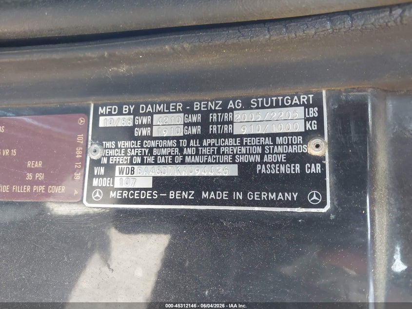 1989 Mercedes-benz VIN WDBBA48D7KA094426 IAAI salvage auction — NORMAL WEAR, Clear (New York), sold $1,575 on 2026-07-07 (photo 9)