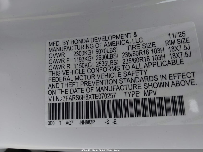 2026 Honda Cr-v VIN 7FARS6H8XTE070257 IAAI salvage auction — FRONT END, Salvage Title, sold $22,050 on 2026-07-08 (photo 9)