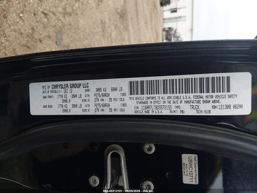 2013 Ram 1500 VIN 1C6RR7LT8DS572155 IAAI salvage auction — FRONT END, Salvage Title, sold $1,400 on 2026-08-03 (photo 9)