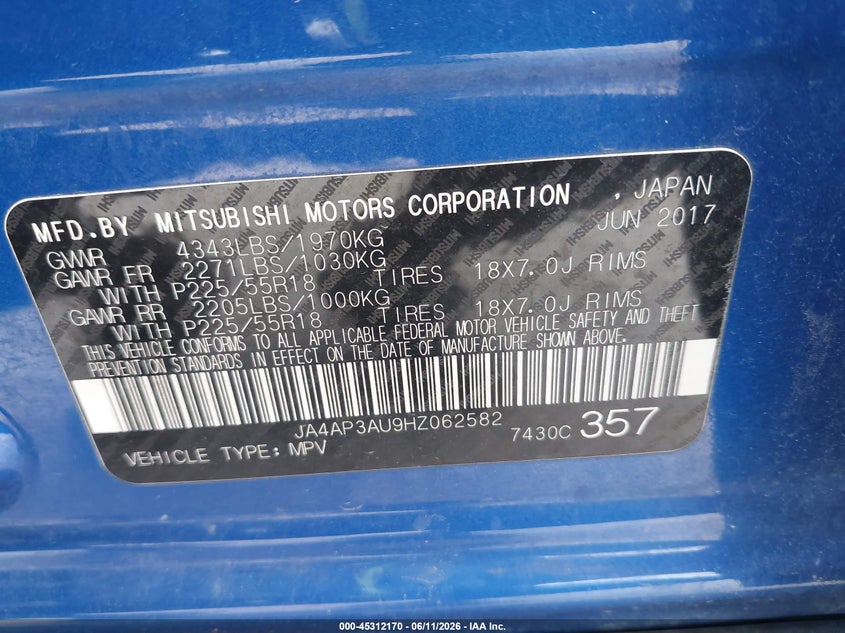2017 Mitsubishi Outlander VIN JA4AP3AU9HZ062582 IAAI salvage auction — FRONT END, Salvage (Texas), sold $1,750 on 2026-07-21 (photo 9)