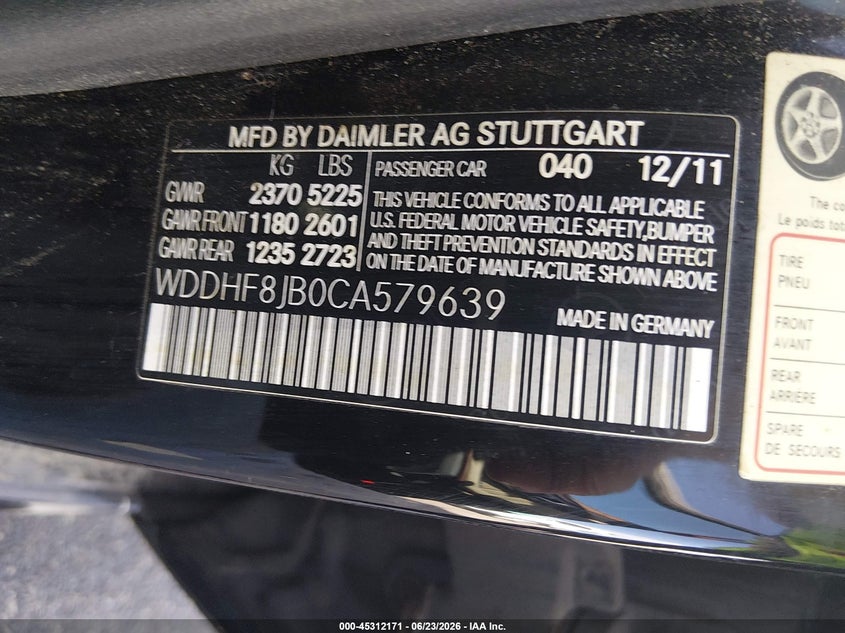 2012 Mercedes-benz VIN WDDHF8JB0CA579639 IAAI salvage auction — LEFT FRONT, Salvage (Minnesota), sold $250 on 2026-07-29 (photo 9)