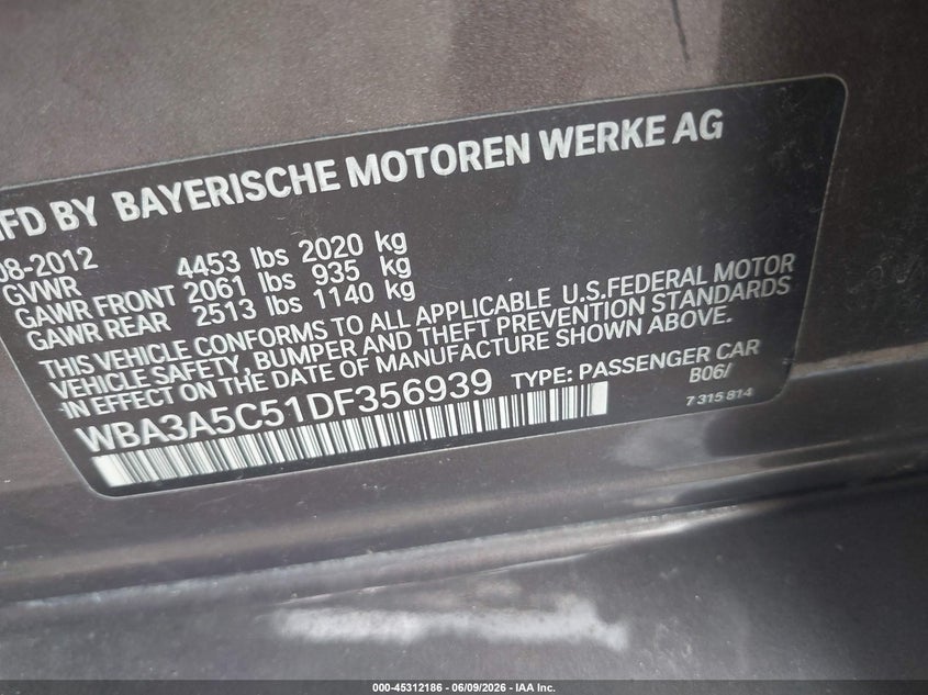 2013 BMW 3er VIN WBA3A5C51DF356939 IAAI salvage auction — FRONT END, Salvage (Indiana), sold $350 on 2026-07-29 (photo 9)