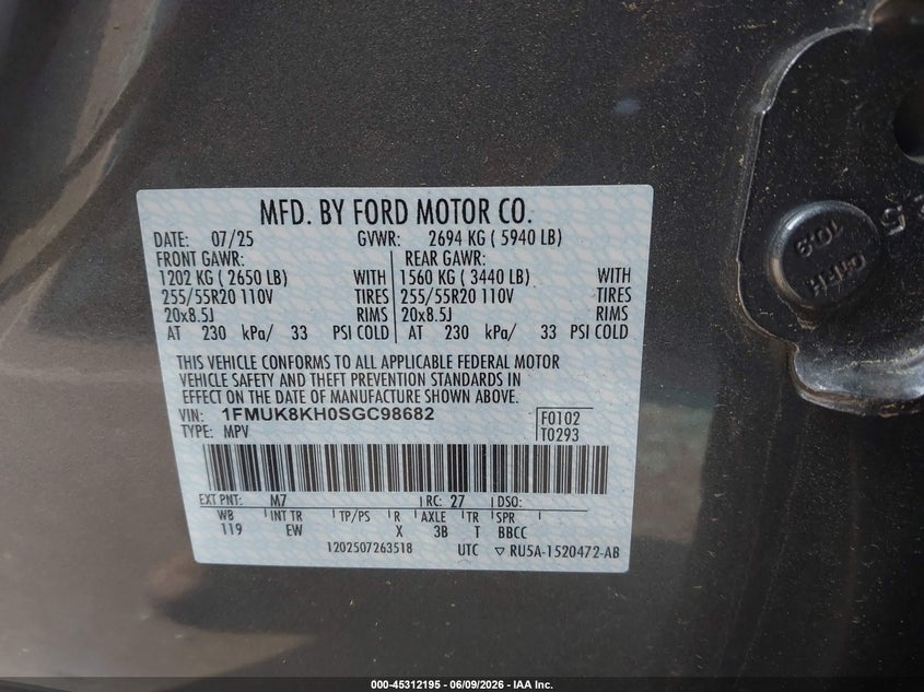 2025 Ford Explorer VIN 1FMUK8KH0SGC98682 IAAI salvage auction — REAR END, Salvage Title, sold $17,350 on 2026-08-26 (photo 9)