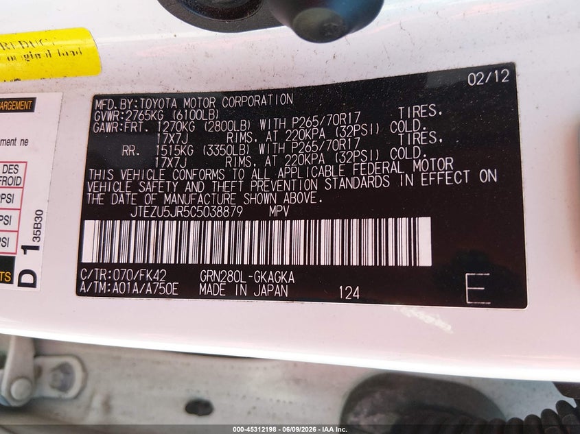 2012 Toyota 4runner VIN JTEZU5JR5C5038879 IAAI salvage auction — FRONT END, Salvage Title, sold $3,350 on 2026-07-12 (photo 9)