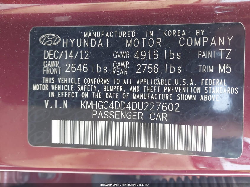2013 Hyundai Genesis VIN KMHGC4DD4DU227602 IAAI salvage auction — FRONT END, Salvage Title, sold $1,000 on 2026-07-09 (photo 9)