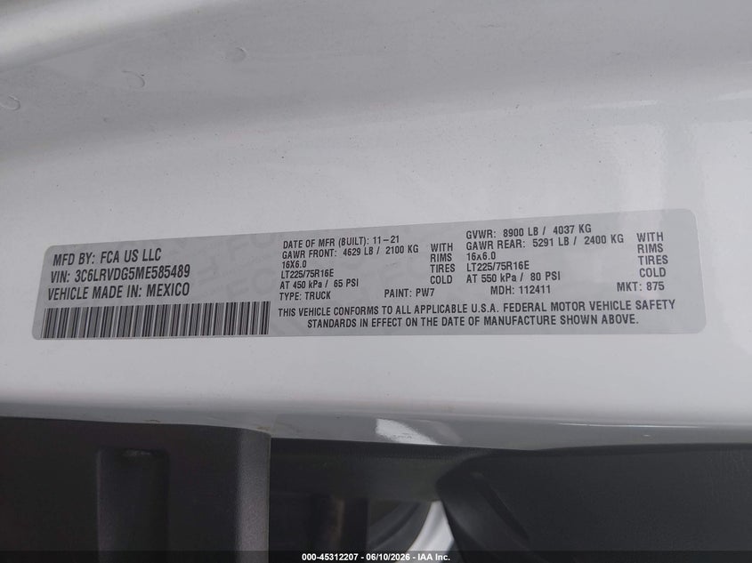 2021 Ram Promaster city VIN 3C6LRVDG5ME585489 IAAI salvage auction — ROOF, Salvage Title, sold $7,200 on 2026-07-22 (photo 9)
