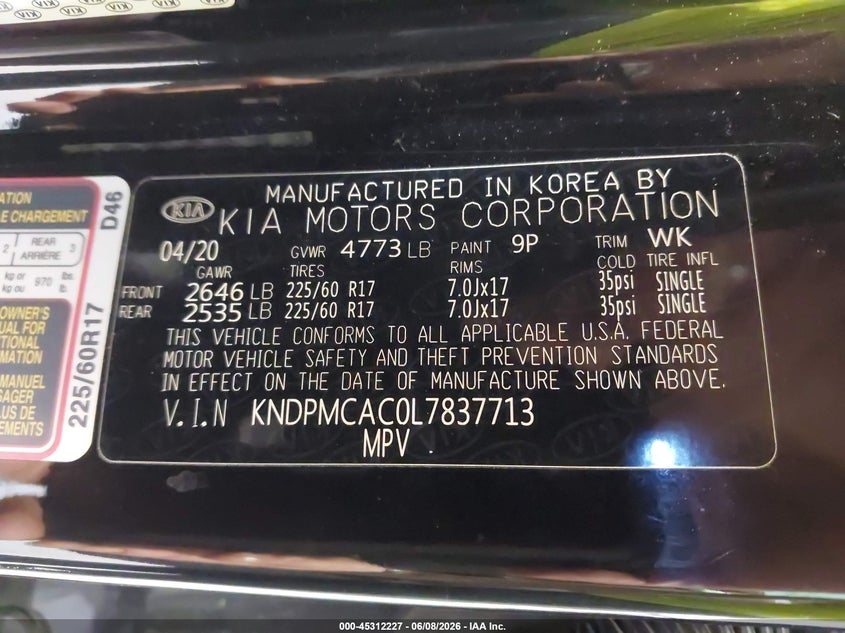 2020 Kia Sportage VIN KNDPMCAC0L7837713 IAAI salvage auction — FRONT END, Salvage Title, sold $1,750 on 2026-07-15 (photo 9)