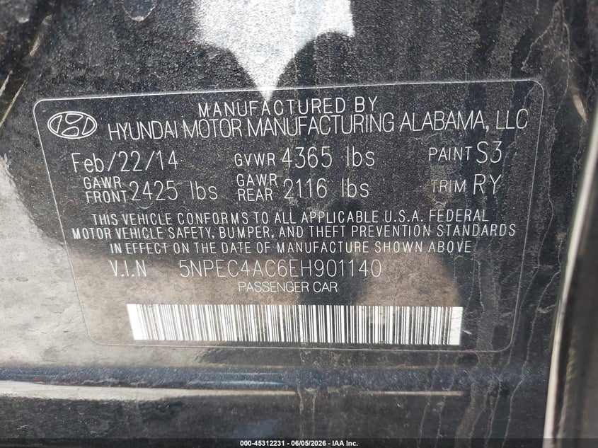 2014 Hyundai Sonata VIN 5NPEC4AC6EH901140 IAAI salvage auction — REAR END, Salvage Title, sold $25 on 2026-07-24 (photo 9)