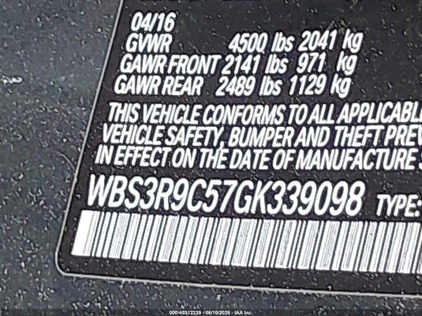 2016 BMW M4 VIN WBS3R9C57GK339098 IAAI salvage auction — FRONT END, Salvage Title, sold $4,650 on 2026-07-28 (photo 9)