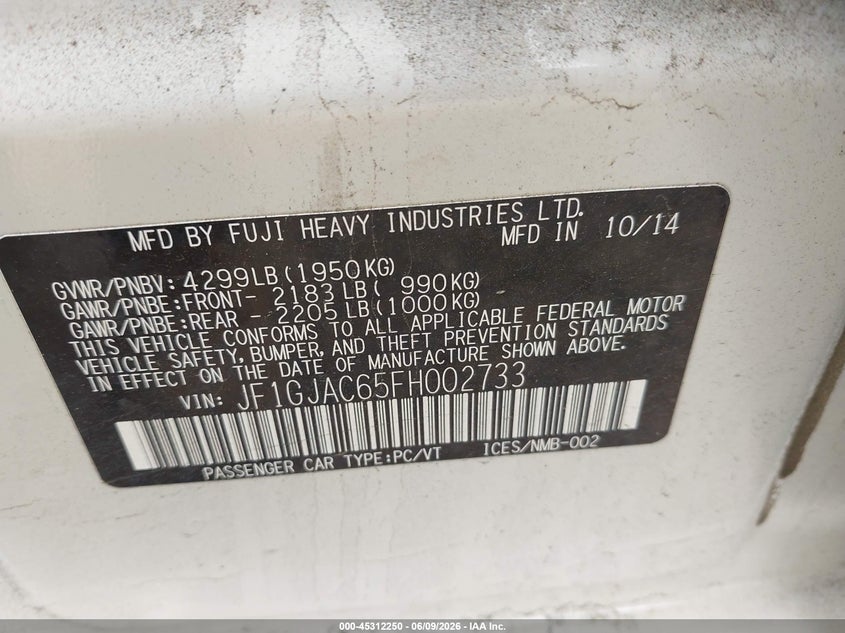 2015 Subaru Impreza VIN JF1GJAC65FH002733 IAAI salvage auction — REAR END, Salvage Title, sold $25 on 2026-07-14 (photo 9)