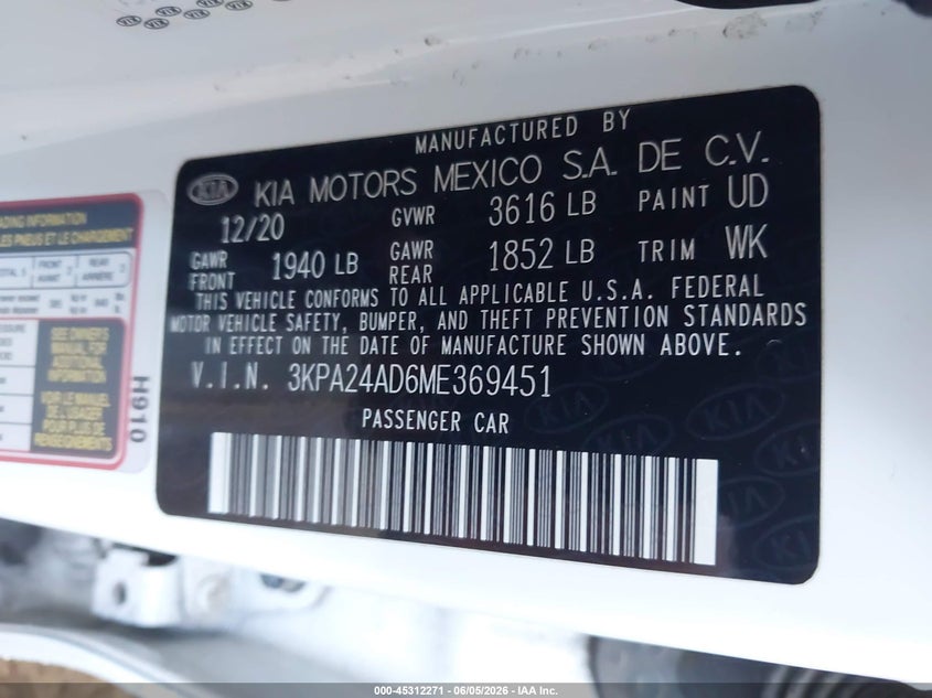 2021 Kia Rio VIN 3KPA24AD6ME369451 IAAI salvage auction — REAR END, Salvage Title, sold $1,850 on 2026-07-10 (photo 9)
