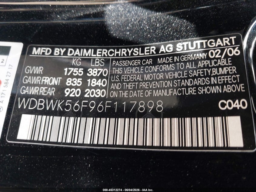 2006 Mercedes-benz Slk-class VIN WDBWK56F96F117898 IAAI salvage auction — RIGHT FRONT, Salvage (California), sold $600 on 2026-08-17 (photo 9)