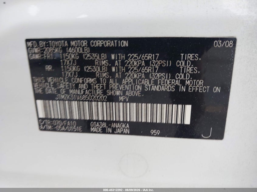 2008 Toyota Rav4 VIN JTMZK31V685020202 IAAI salvage auction — FRONT END, Rebuildable (Florida), sold $1,950 on 2026-07-06 (photo 9)