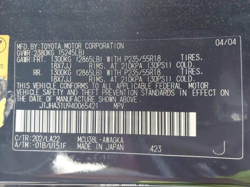 2004 Lexus Rx 330 VIN JTJHA31U940065421 IAAI salvage auction — LEFT FRONT, Salvage (California), sold $1,050 on 2026-07-15 (photo 9)