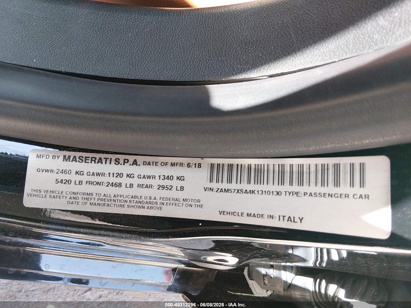 2019 Maserati Ghibli VIN ZAM57XSA4K1310130 IAAI salvage auction — FRONT END, Salvage Title, sold $10,200 on 2026-07-08 (photo 9)
