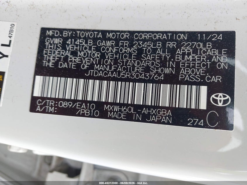 2024 Toyota Prius VIN JTDACAAU5R3043764 IAAI salvage auction — FRONT END, Salvage Title, sold $7,100 on 2026-07-23 (photo 9)