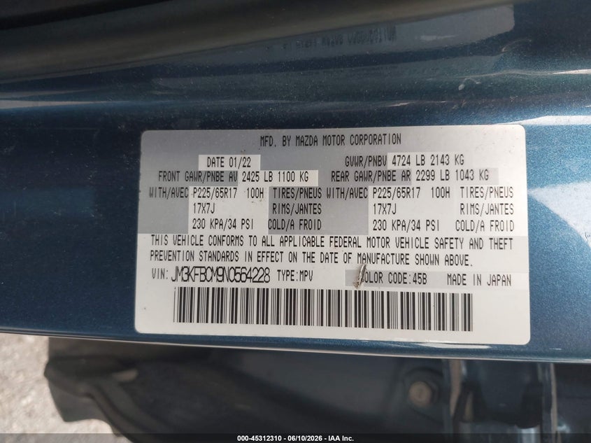 2022 Mazda Cx-5 VIN JM3KFBCM9N0564228 IAAI salvage auction — FRONT END, Salvage (Texas), sold $25 on 2026-07-29 (photo 9)