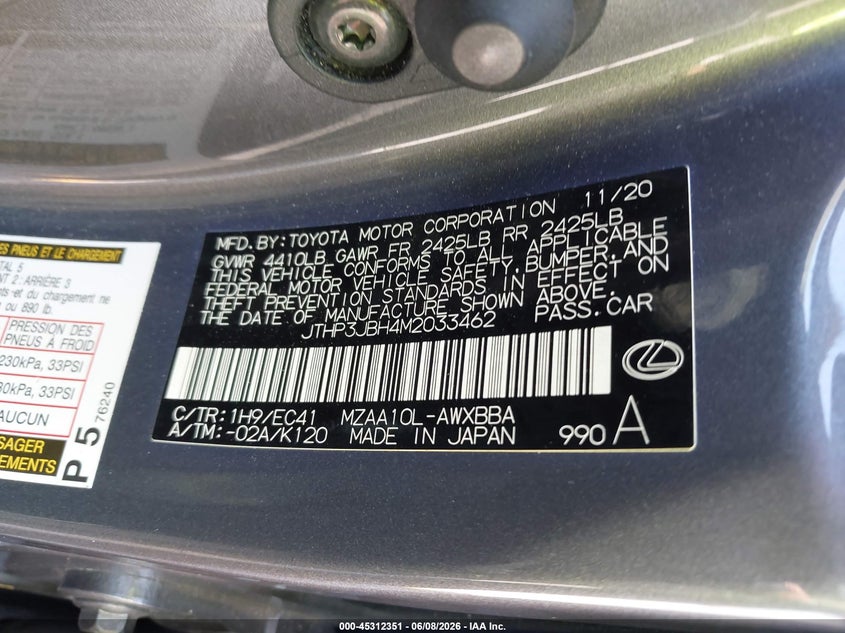 2021 Lexus Ux VIN JTHP3JBH4M2033462 IAAI salvage auction — FRONT END, Salvage Title, sold $2,700 on 2026-07-13 (photo 9)