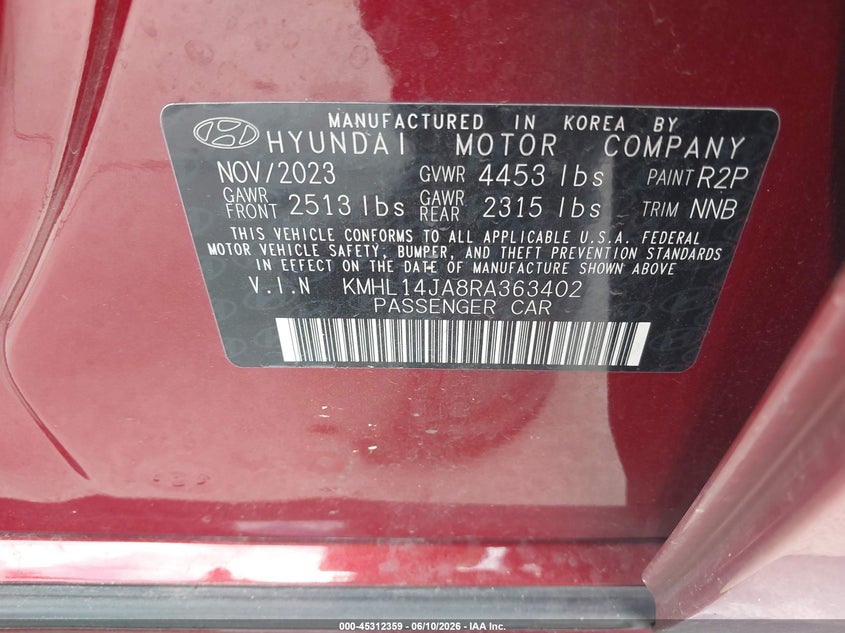 2024 Hyundai Sonata VIN KMHL14JA8RA363402 IAAI salvage auction — FRONT END, Original (Texas), sold $8,450 on 2026-08-21 (photo 9)