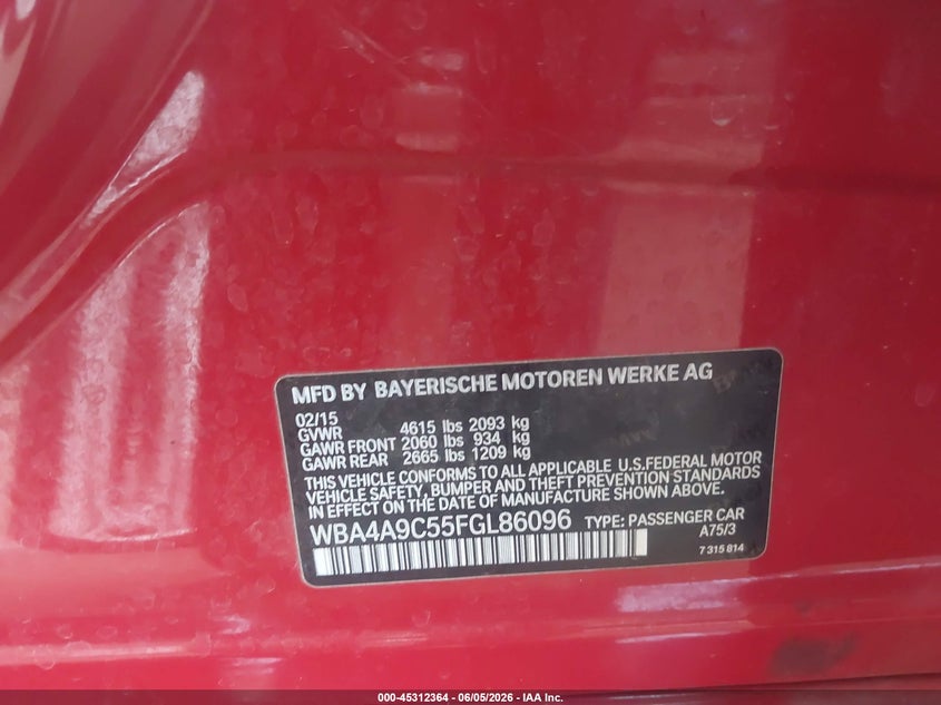 2015 BMW 4er VIN WBA4A9C55FGL86096 IAAI salvage auction — LEFT FRONT, Salvage Title, sold $3,150 on 2026-08-18 (photo 9)