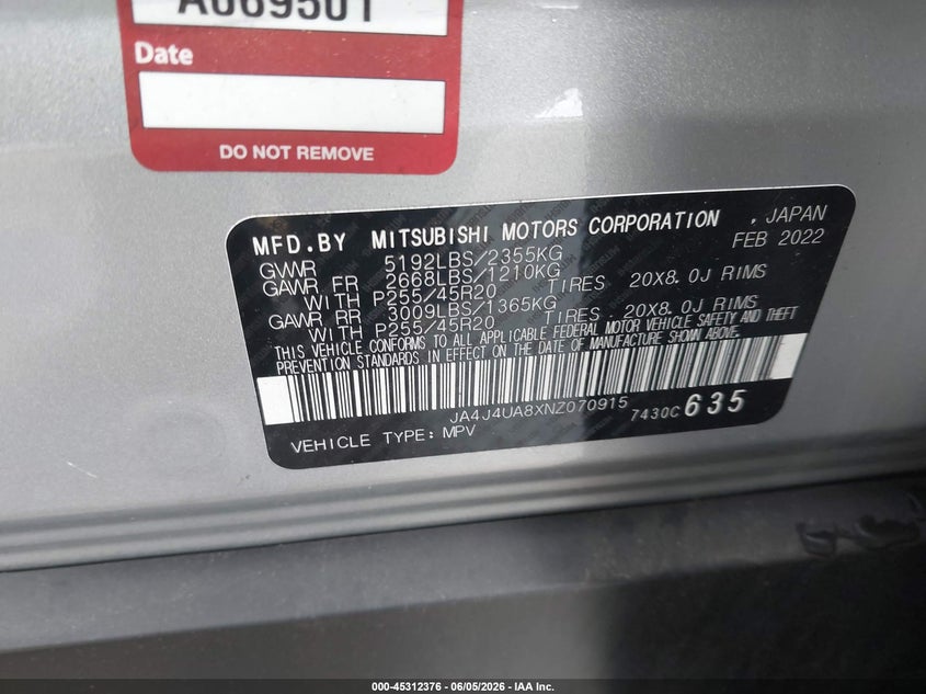 2022 Mitsubishi Outlander VIN JA4J4UA8XNZ070915 IAAI salvage auction — FRONT END, Salvage Title, sold $7,100 on 2026-07-22 (photo 9)