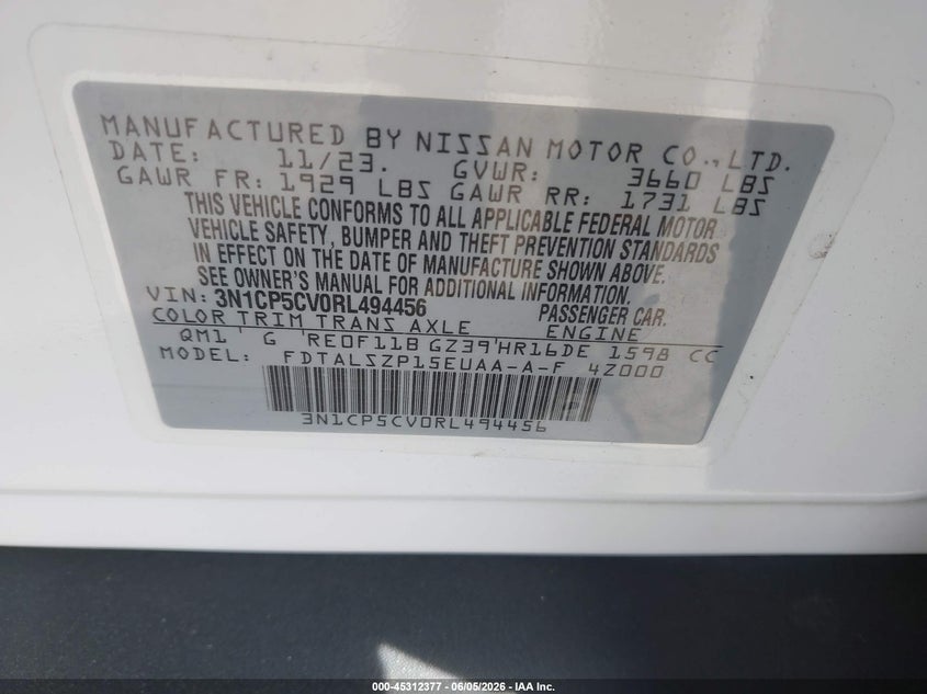 2024 Nissan Kicks VIN 3N1CP5CV0RL494456 IAAI salvage auction — FRONT END, Salvage Title, sold $1,650 on 2026-07-25 (photo 9)
