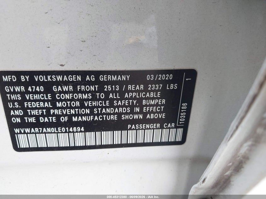 2020 Volkswagen Arteon VIN WVWAR7AN0LE014694 IAAI salvage auction — LEFT SIDE, Salvage Title, sold $4,225 on 2026-07-14 (photo 9)