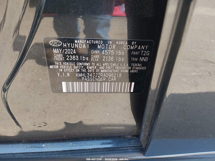 2024 Hyundai Sonata VIN KMHL34JJ2RA096218 IAAI salvage auction — FRONT END, Salvage Title, sold $7,200 on 2026-07-29 (photo 9)