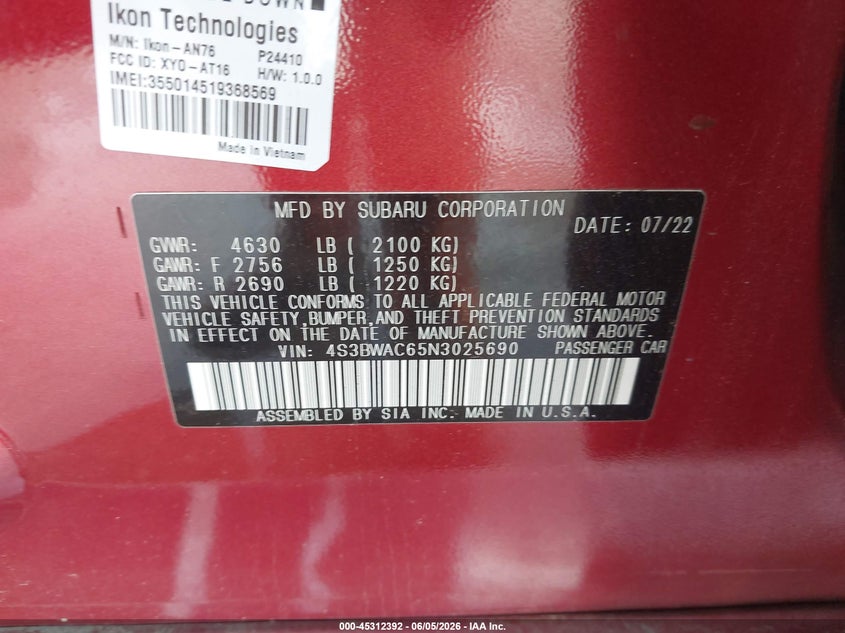 2022 Subaru LEGACY VIN 4S3BWAC65N3025690 IAAI salvage auction — FRONT END, Salvage Title, sold $4,050 on 2026-07-30 (photo 9)