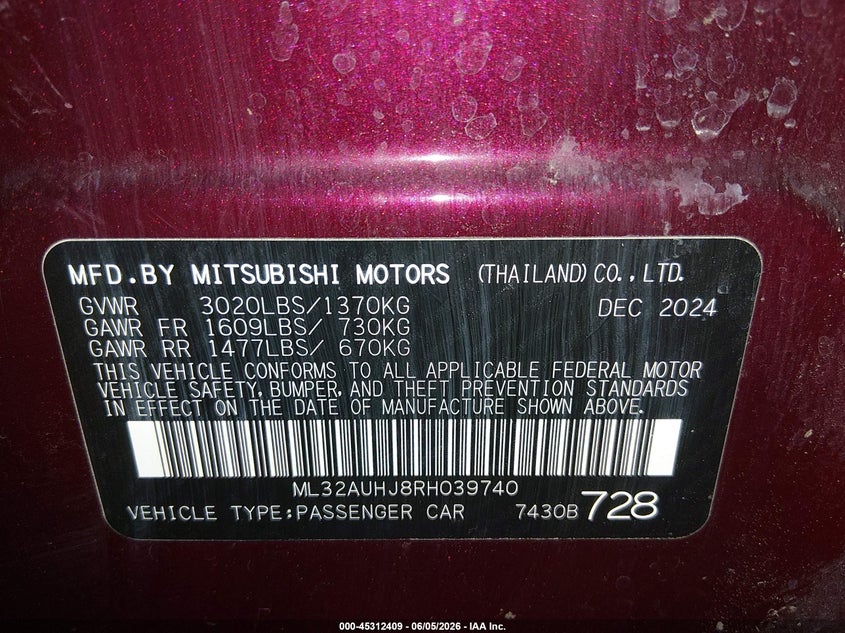2024 Mitsubishi Mirage VIN ML32AUHJ8RH039740 IAAI salvage auction — FRONT END, Salvage Title, sold $1,550 on 2026-07-12 (photo 9)
