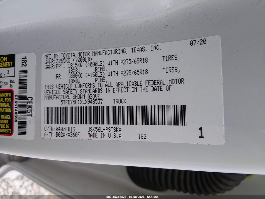 2020 Toyota Tundra VIN 5TFDY5F1XLX948537 IAAI salvage auction — HAIL, Salvage Title, sold $5,100 on 2026-07-30 (photo 9)