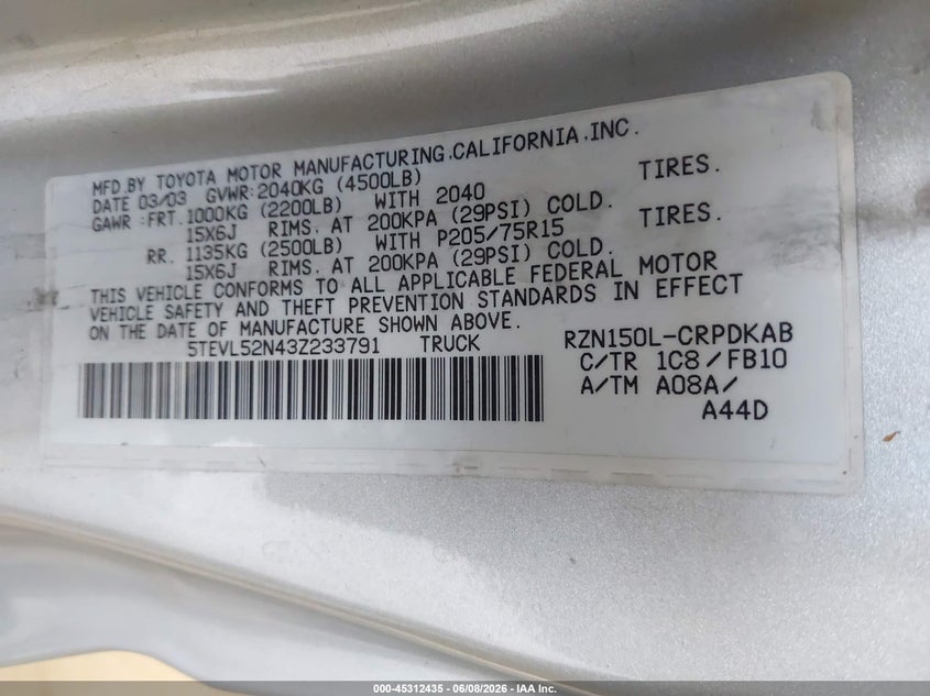 2003 Toyota Tacoma VIN 5TEVL52N43Z233791 IAAI salvage auction — FRONT END, Salvage (Utah), sold $2,350 on 2026-07-13 (photo 9)