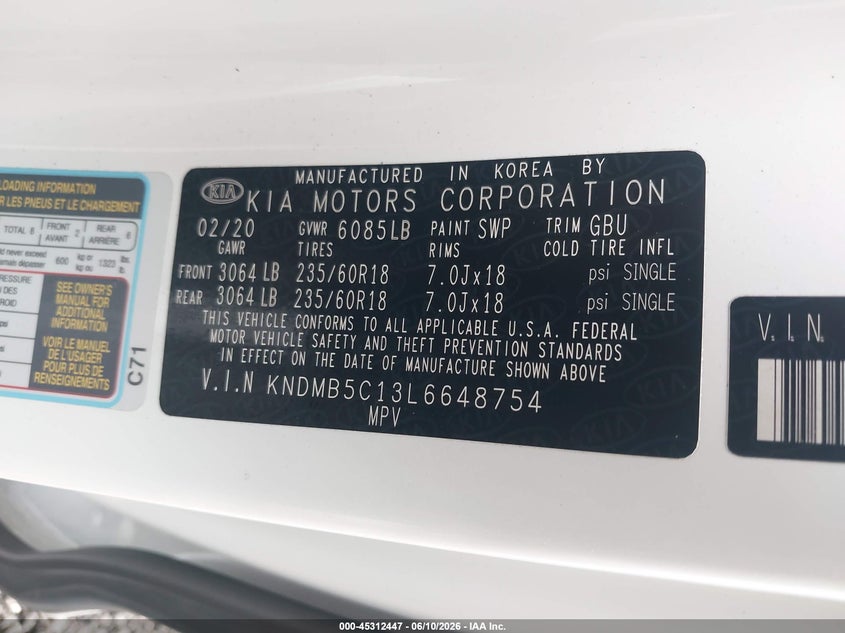 2020 Kia SEDONA VIN KNDMB5C13L6648754 IAAI salvage auction — REAR END, Salvage (South Carolina), sold $3,850 on 2026-07-14 (photo 9)