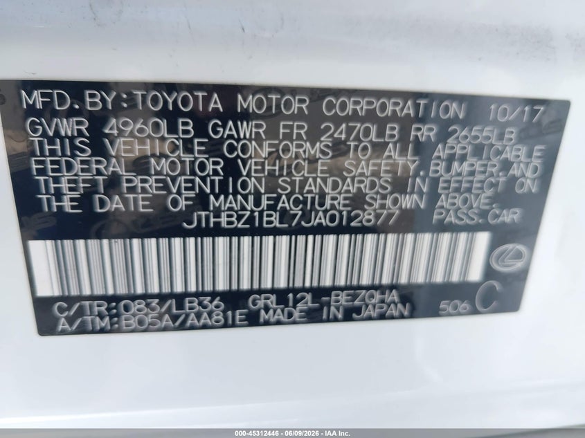 2018 Lexus Gs VIN JTHBZ1BL7JA012877 IAAI salvage auction — RIGHT SIDE, Salvage Title, sold $15,325 on 2026-07-14 (photo 7)