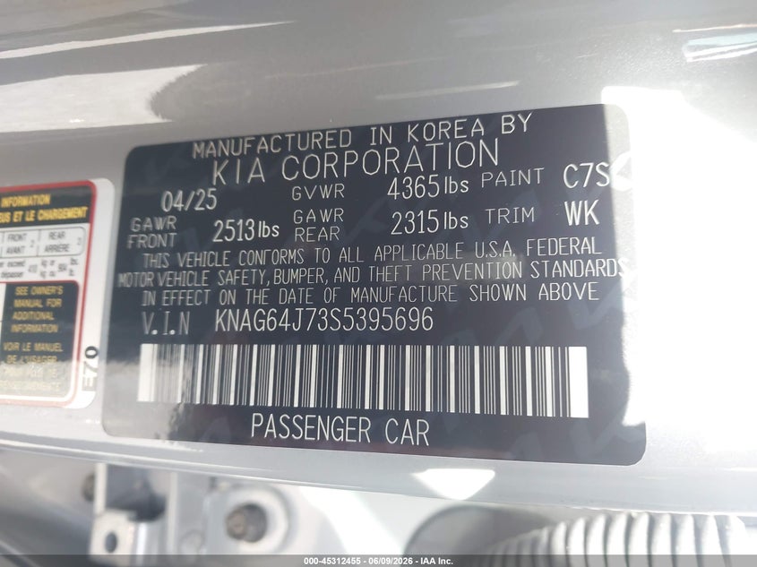 2025 Kia K5 VIN KNAG64J73S5395696 IAAI salvage auction — FRONT END, Salvage Title, sold $7,800 on 2026-07-30 (photo 9)