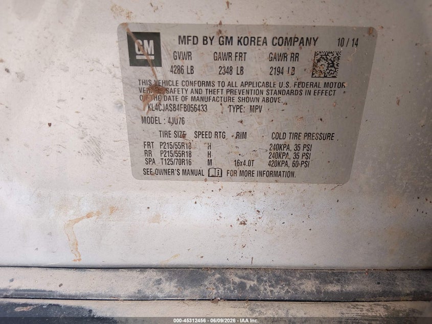 2015 Buick Encore VIN KL4CJASB4FB056433 IAAI salvage auction — RIGHT SIDE, Clear (Arkansas), sold $25 on 2026-07-23 (photo 9)