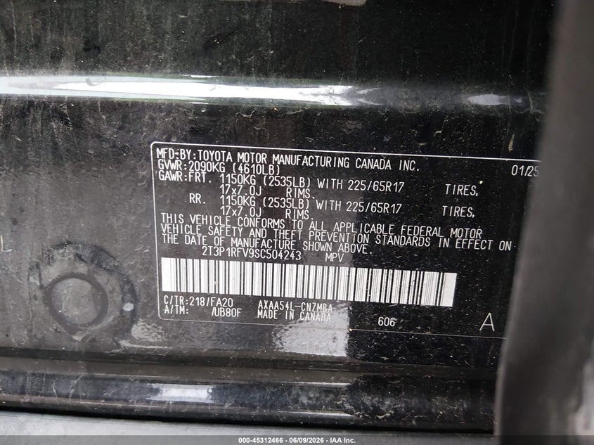 2025 Toyota Rav 4 VIN 2T3P1RFV9SC504243 IAAI salvage auction — FRONT END, Salvage Title, sold $15,500 on 2026-07-09 (photo 9)